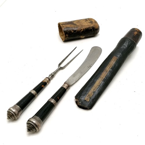 580 - Antique campaign steel knife and 2 pronged fork with tortoiseshell & silver mounted handles (by R T)... 