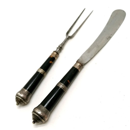 580 - Antique campaign steel knife and 2 pronged fork with tortoiseshell & silver mounted handles (by R T)... 