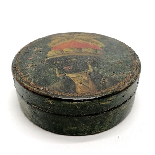 582 - Antique / Regency papier mache circular lidded box with coloured noble person (?) - 10.5cm diameter ... 