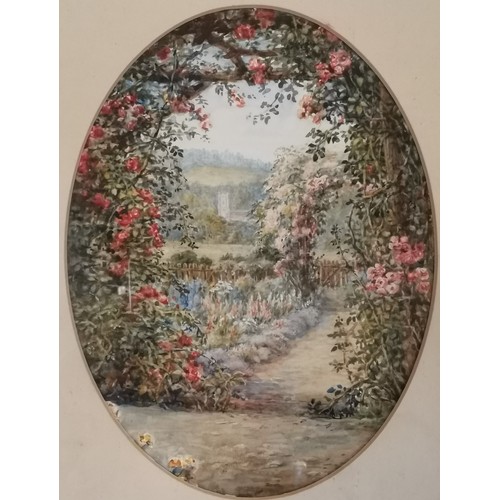 797 - 19th Century English Garden. oval watercolour, view of an English Country Cottage garden looking tow... 