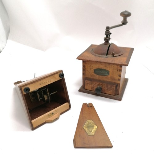 165 - Vintage continental coffee grinder (21cm high & has chip to corner) t/w metronome (door has corner m... 