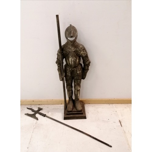 4 - Figural cast metal knight fireside stand with lance as a poker. 90cm high. Missing it's brush and sh... 