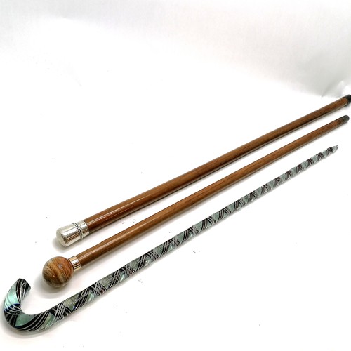 9 - 3 x antique walking sticks - agate ball topped, silver topped malacca cane (86cm and has dents to to... 