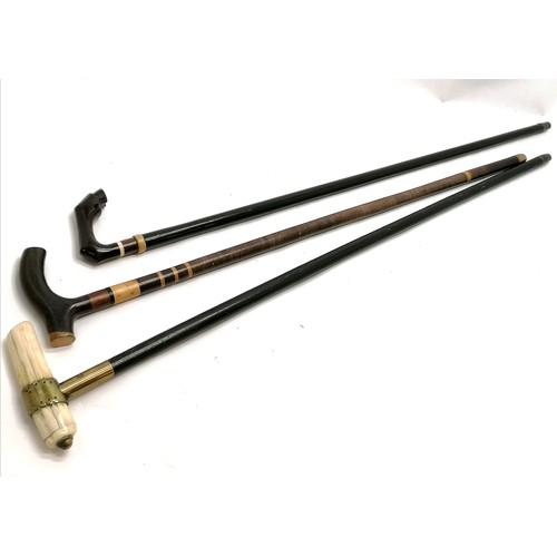 10 - 3 x walking sticks - marine ivory handle (90cm), horse hoof design & sectional sample wood shaft