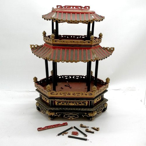 11 - Antique oriental Chinese 3 tiered pagoda with red black & gold paint decoration - 56cm high & 42cm a... 