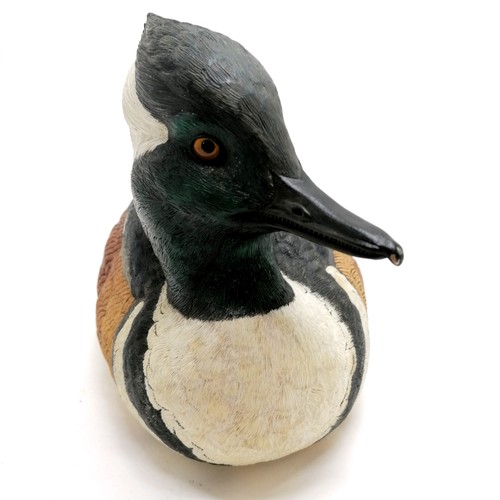 14 - Carved painted wooden figure of a male hooded merganser - 31cm long and has a makers mark dated 2008... 