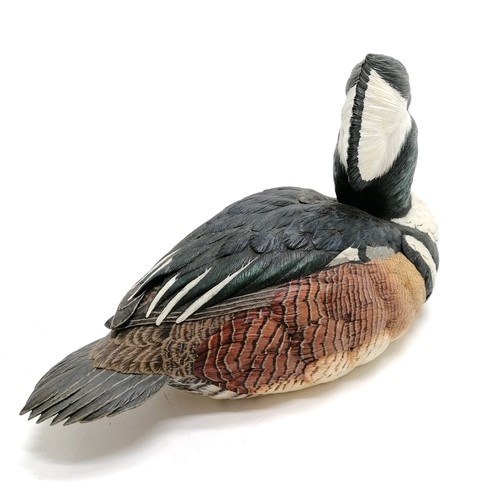 14 - Carved painted wooden figure of a male hooded merganser - 31cm long and has a makers mark dated 2008... 