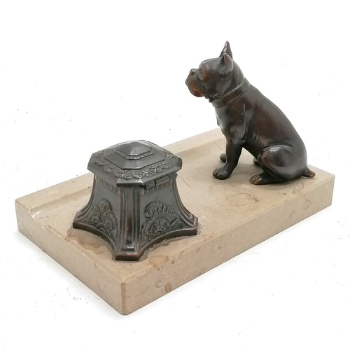 21 - Antique French marble desk stand with spelter inkwell and a figure of a bulldog. 16cm x 10cm x 9cm h... 