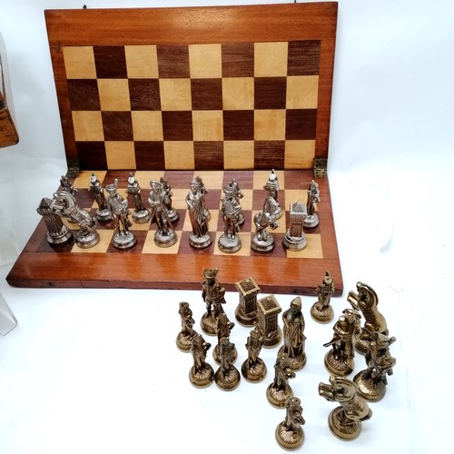 40 - Vintage cast metal military themed chess set (tallest 10cm) t/w antique folding chessboard (42cm x 4... 