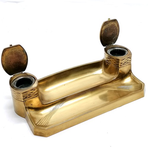 47 - WMF Art Nouveau brass deskstand with 2 inkwells with original glass liners - 27cm across x 10cm high... 