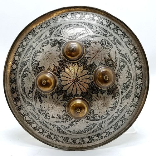 54 - Antique Indian metal shield (28cm diameter), unmarked silver decorated brass Thai (?) dish (17cm) t/... 