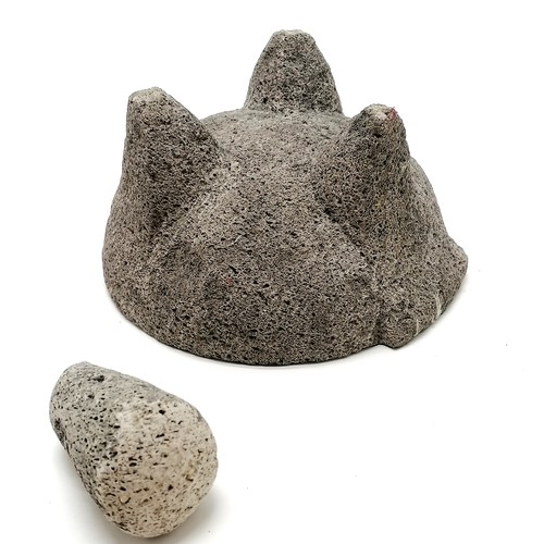 98 - Antique volcanic stone pestle (8cm) & mortar on 3 stile feet and tag to 1 side - 18cm diameter & 10c... 