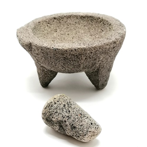 98 - Antique volcanic stone pestle (8cm) & mortar on 3 stile feet and tag to 1 side - 18cm diameter & 10c... 