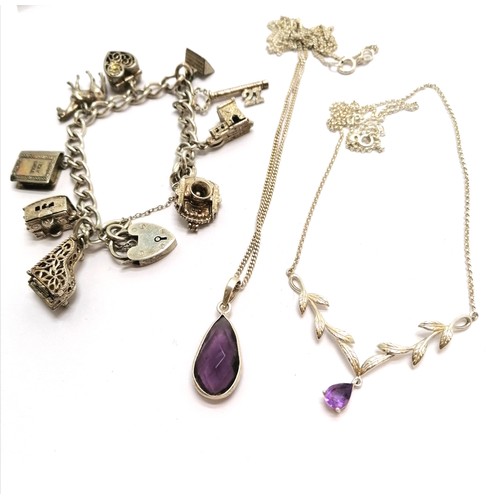 116 - Silver charm bracelet with charms inc Hovercraft SR-N1, Nuvo caravan etc t/w amethyst stone set neck... 