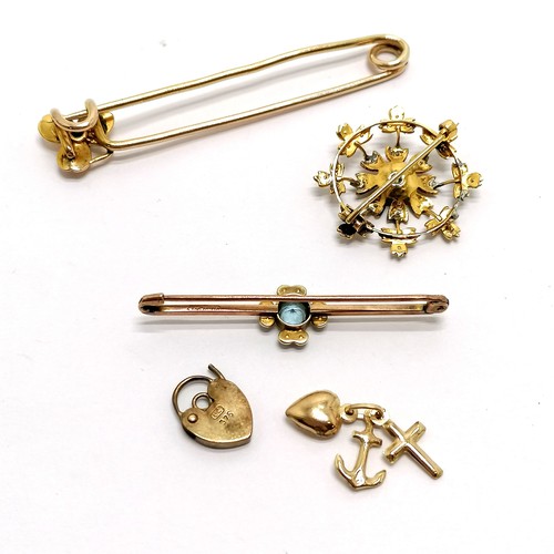 143 - Qty of gold jewellery inc antique 9ct marked gold pearl set brooch (missing 2 pearls), long unmarked... 