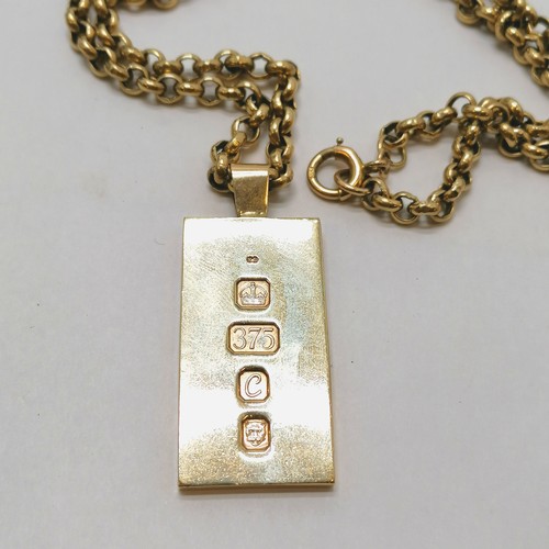 178 - 9ct hallmarked ingot on a 9ct hallmarked gold 62cm chain (catch broken) - 20.7g