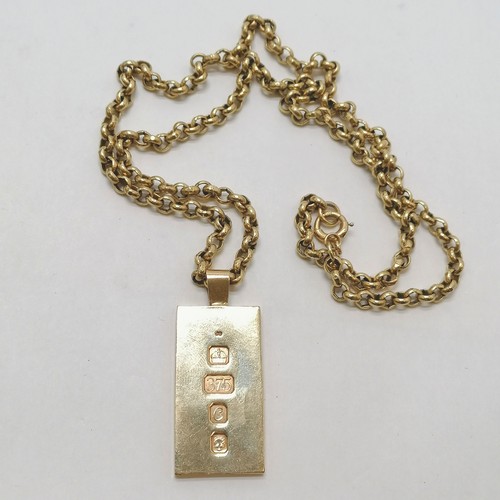 178 - 9ct hallmarked ingot on a 9ct hallmarked gold 62cm chain (catch broken) - 20.7g