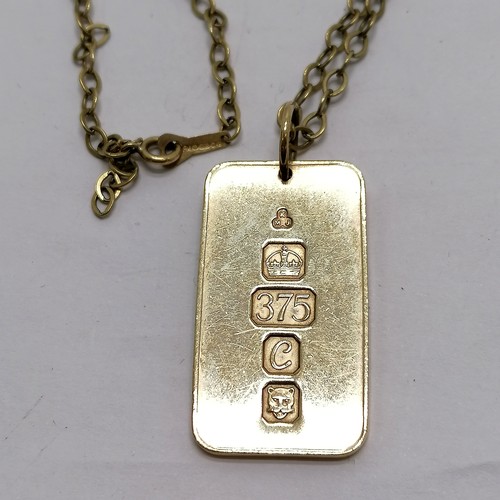 179 - 9ct hallmarked gold ingot on a 9ct marked gold heavy gauge belcher link 68cm chain - 78.5g