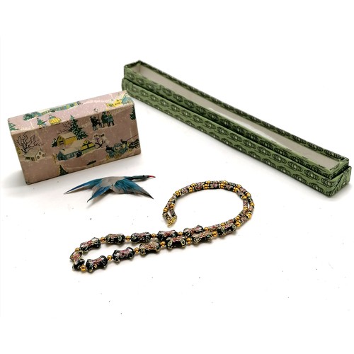 185 - Hand made feather flying duck brooch (8cm long) in a vintage box t/w cloisonne bead 50cm necklace