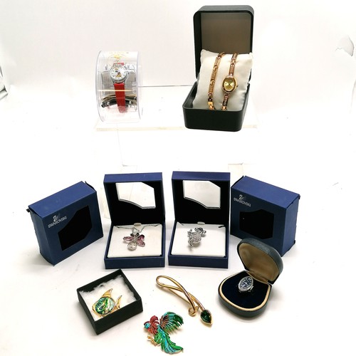 188 - 2x boxed Swarovski items- Koala brooch and flower pendant T/W Mickey Lorus quartz watch, watch ring,... 