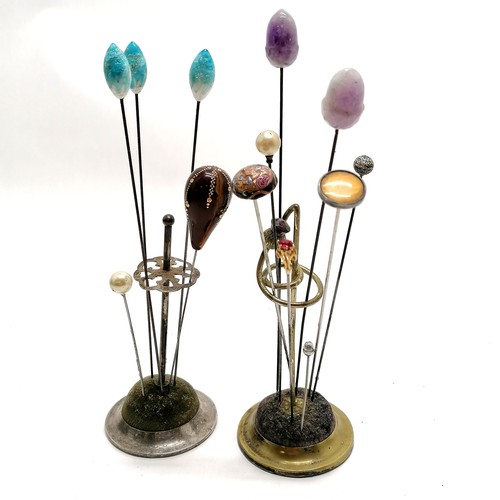 203 - Collection of antique hat pins with 2 display stands (1 thistle design) inc pins 10ct gold red stone... 