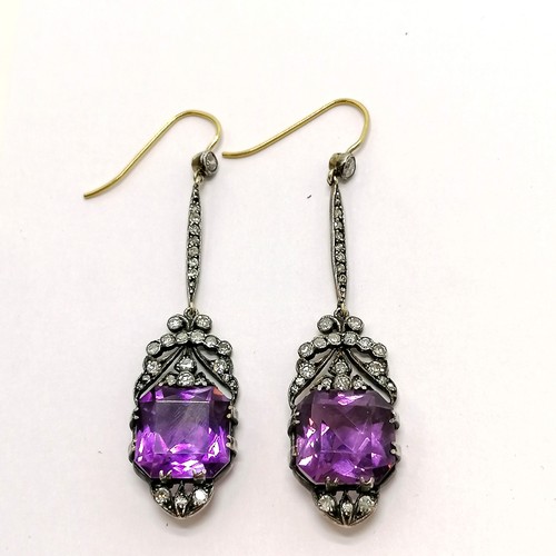 205 - Pair of antique diamond & amethyst (approx 12mm square) drop earrings - 6cm drop & 7.5g total weight... 