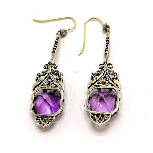 205 - Pair of antique diamond & amethyst (approx 12mm square) drop earrings - 6cm drop & 7.5g total weight... 