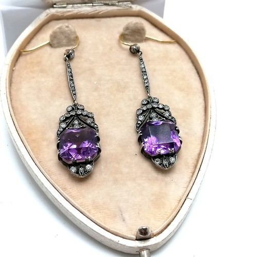 205 - Pair of antique diamond & amethyst (approx 12mm square) drop earrings - 6cm drop & 7.5g total weight... 