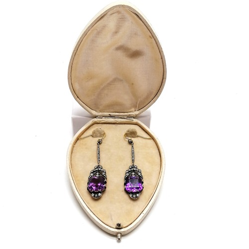 205 - Pair of antique diamond & amethyst (approx 12mm square) drop earrings - 6cm drop & 7.5g total weight... 