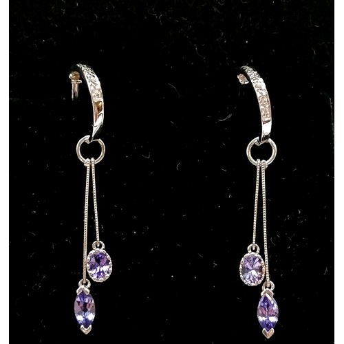 217 - Pair of 9ct hallmarked white gold double drop tanzanite & diamond set earrings - 3.5cm drop & 2.4g t... 