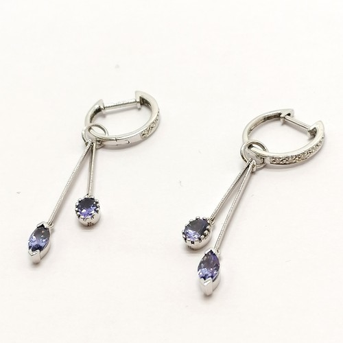 217 - Pair of 9ct hallmarked white gold double drop tanzanite & diamond set earrings - 3.5cm drop & 2.4g t... 