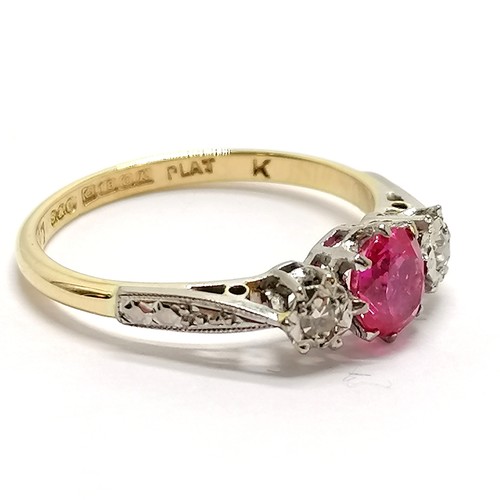 223 - 18ct hallmarked gold & platinum ruby & diamond 3 stone ring - size O & 2.7g total weight