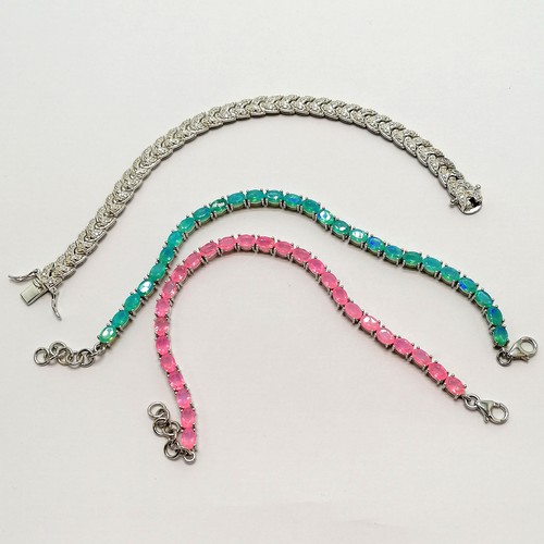 242 - 3 x silver stone set bracelets inc neon pink (18cm long) & total weight (3) 36g