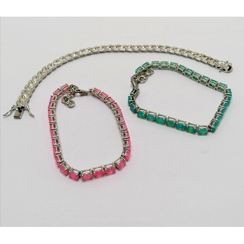 242 - 3 x silver stone set bracelets inc neon pink (18cm long) & total weight (3) 36g