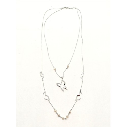 244 - Silver stylised double strand pearl set necklace - 74cm long & 18.6g total weight