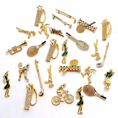 250 - 27 x costume brooches inc golf, tennis, cycling, dance etc