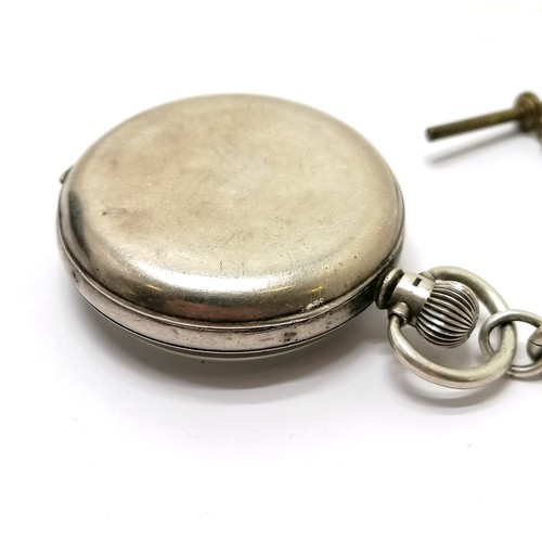 274 - Antique gents silver cased Rone pocket watch on a part silver Albert chain with metal T-Bar (16cm lo... 