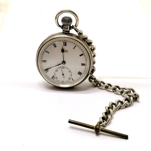 274 - Antique gents silver cased Rone pocket watch on a part silver Albert chain with metal T-Bar (16cm lo... 