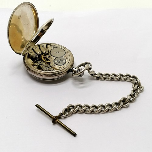 274 - Antique gents silver cased Rone pocket watch on a part silver Albert chain with metal T-Bar (16cm lo... 