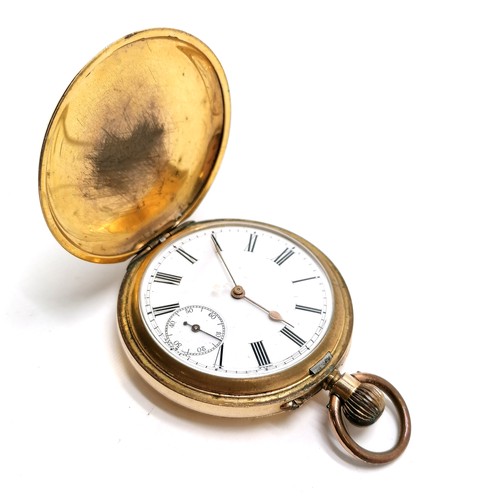 282 - Gold plated hunter pocket watch - 48mm case by J B Dent & Sons ~ losses to plating & dents but runs ... 