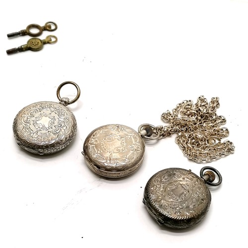 284 - 3 x antique ladies silver fob watches, largest 32mm diameter, 1 on a silver marked chain 62cm long a... 