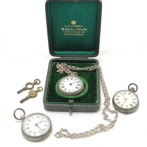 284 - 3 x antique ladies silver fob watches, largest 32mm diameter, 1 on a silver marked chain 62cm long a... 