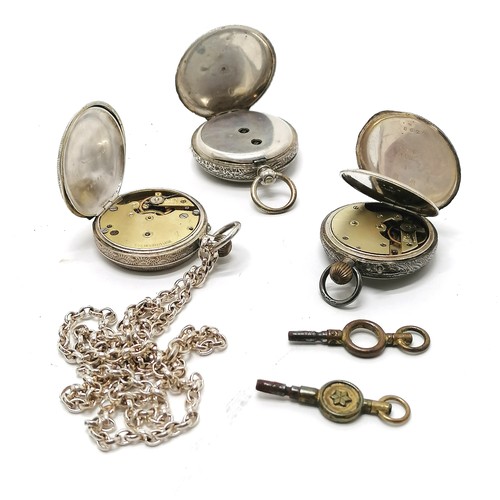 284 - 3 x antique ladies silver fob watches, largest 32mm diameter, 1 on a silver marked chain 62cm long a... 