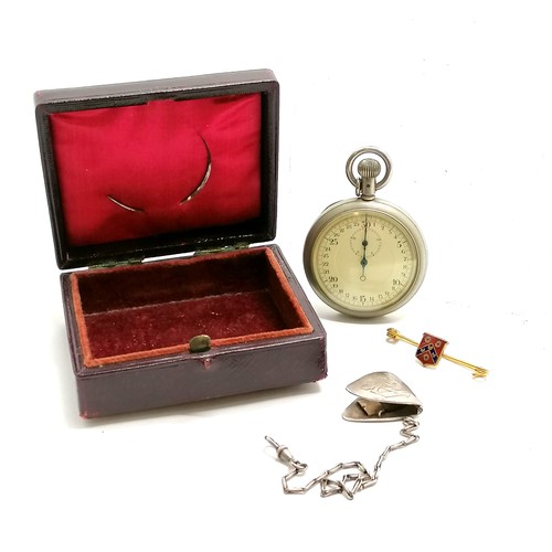 286 - c.WWII nickel cased stopwatch (a/f) t/w continental silver marked napkin holder on chain (17cm long)... 