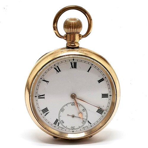 290 - Antique gold plated open faced gents pocket watch (48mm case) - DFC marked movement & has slight wea... 