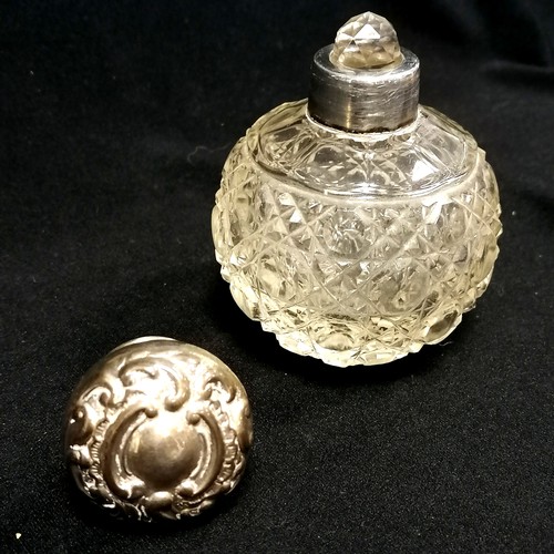 296 - Hobnail cut perfume bottle with Chester hallmarked lid. 8cm high. slight dent to lid and small nicks... 