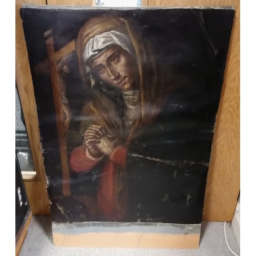 408 - 18th century or earlier oil painting on canvas depicting Mary + crucifix - painting 90cm x 68cm and ... 