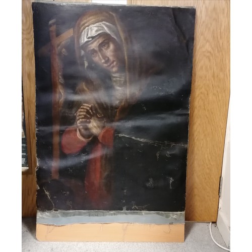 408 - 18th century or earlier oil painting on canvas depicting Mary + crucifix - painting 90cm x 68cm and ... 