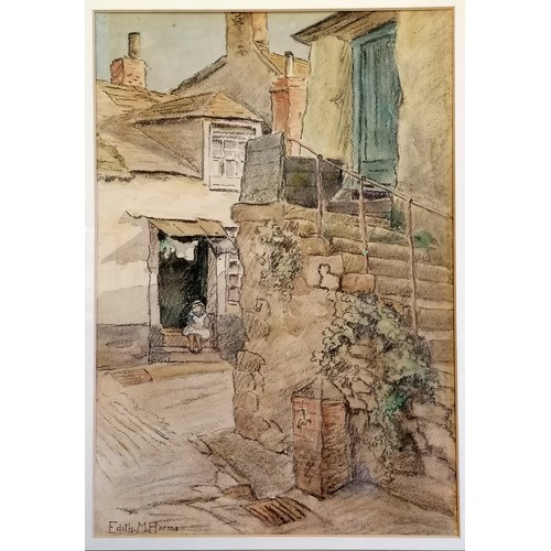 409 - Framed mixed media painting of a Cornish (?) village by Edith Margaret Harms (1870-1943) - frame 51c... 