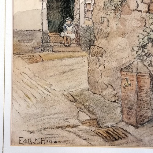 409 - Framed mixed media painting of a Cornish (?) village by Edith Margaret Harms (1870-1943) - frame 51c... 